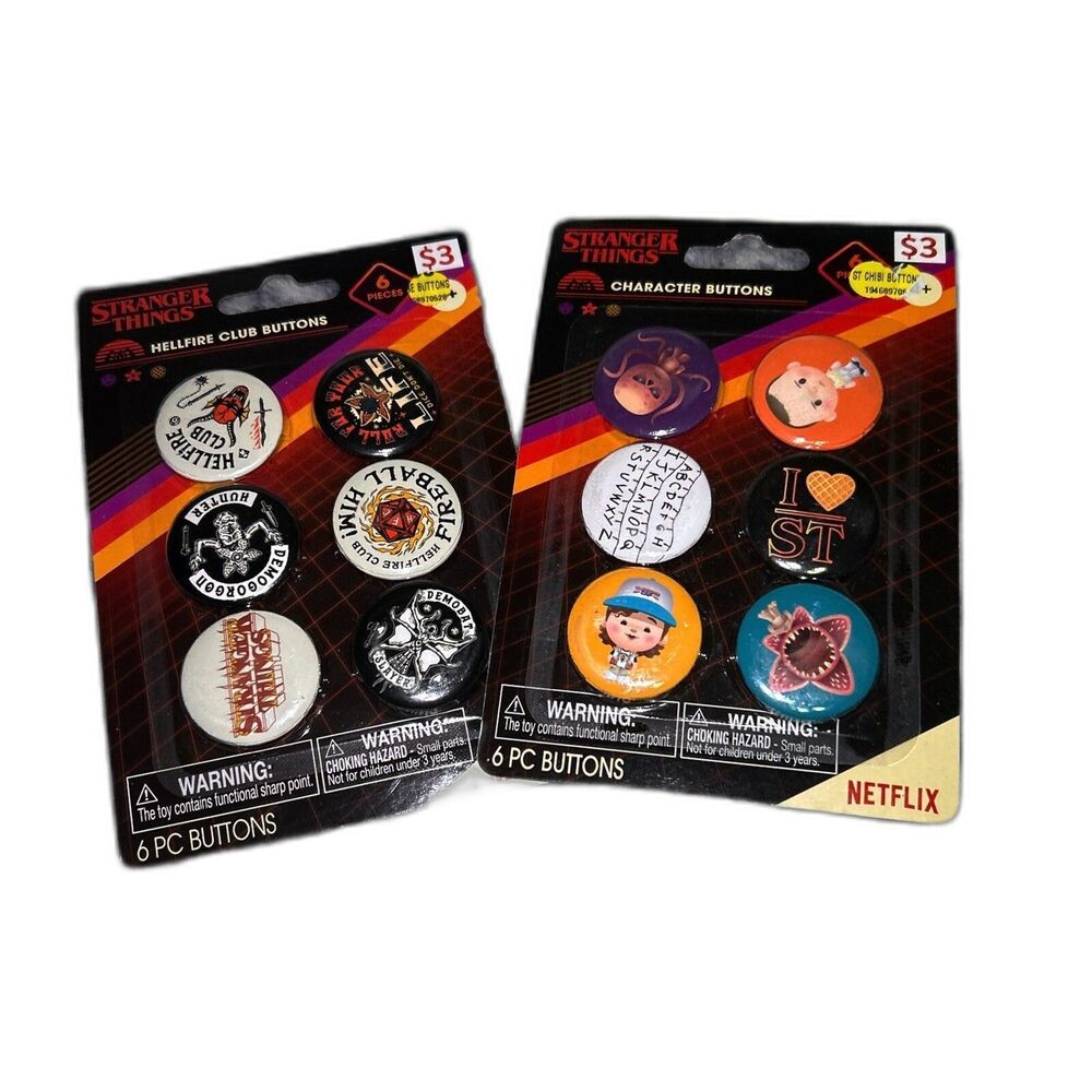 NEW Two Sets of Stranger Things Buttons: Character & Hellfire Club - 6 Pins Each